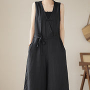 Buddha Stones Casual Lace-Up Simple Design Women's Cotton Linen Jumpsuit With Pockets