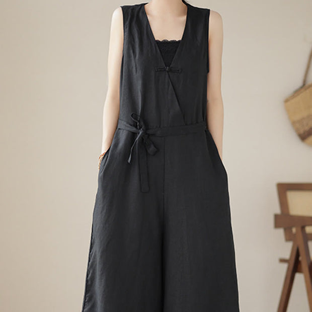 Buddha Stones Casual Lace-Up Simple Design Women's Cotton Linen Jumpsuit With Pockets