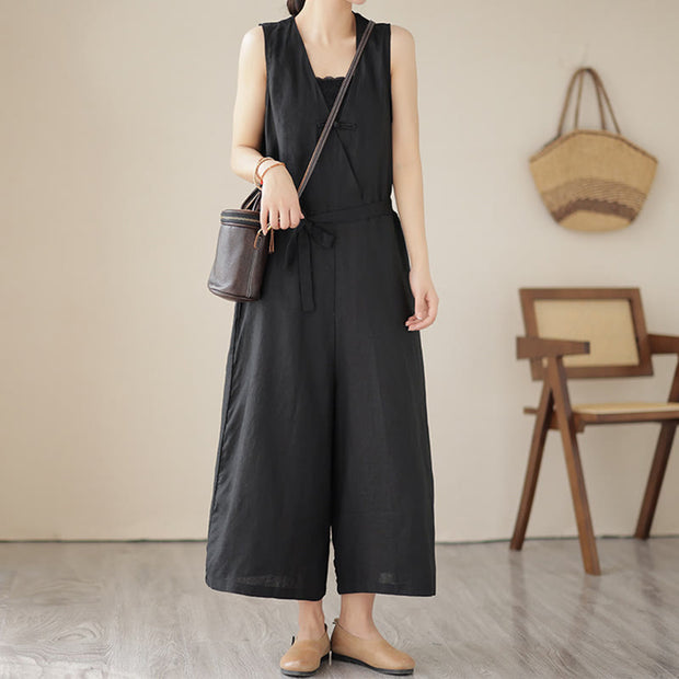 Buddha Stones Casual Lace-Up Simple Design Women's Cotton Linen Jumpsuit With Pockets