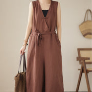 Buddha Stones Casual Lace-Up Simple Design Women's Cotton Linen Jumpsuit With Pockets