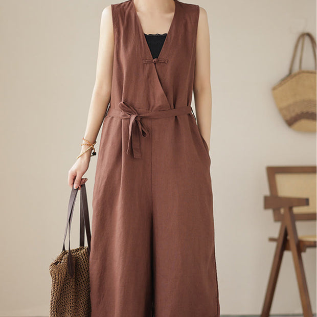 Buddha Stones Casual Lace-Up Simple Design Women's Cotton Linen Jumpsuit With Pockets