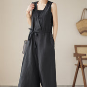 Buddha Stones Casual Lace-Up Simple Design Women's Cotton Linen Jumpsuit With Pockets