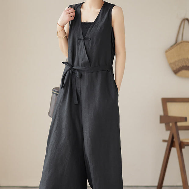 Buddha Stones Casual Lace-Up Simple Design Women's Cotton Linen Jumpsuit With Pockets