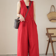 Buddha Stones Casual Lace-Up Simple Design Women's Cotton Linen Jumpsuit With Pockets