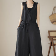 Buddha Stones Casual Lace-Up Simple Design Women's Cotton Linen Jumpsuit With Pockets