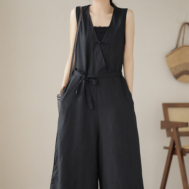 Buddha Stones Casual Lace-Up Simple Design Women's Cotton Linen Jumpsuit With Pockets