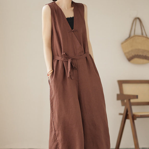 Buddha Stones Casual Lace-Up Simple Design Women's Cotton Linen Jumpsuit With Pockets