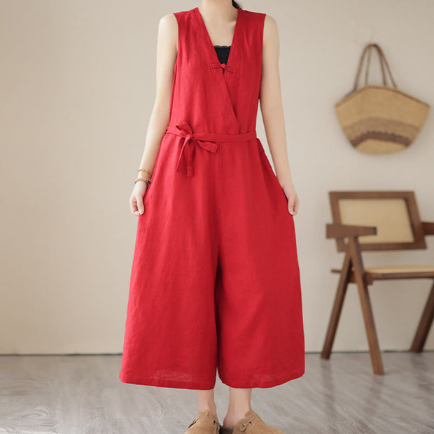 Buddha Stones Casual Lace-Up Simple Design Women's Cotton Linen Jumpsuit With Pockets