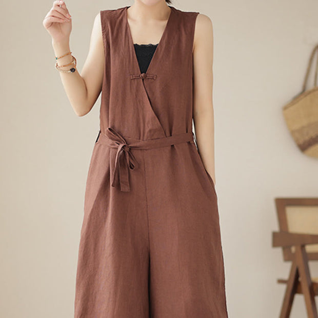 Buddha Stones Casual Lace-Up Simple Design Women's Cotton Linen Jumpsuit With Pockets