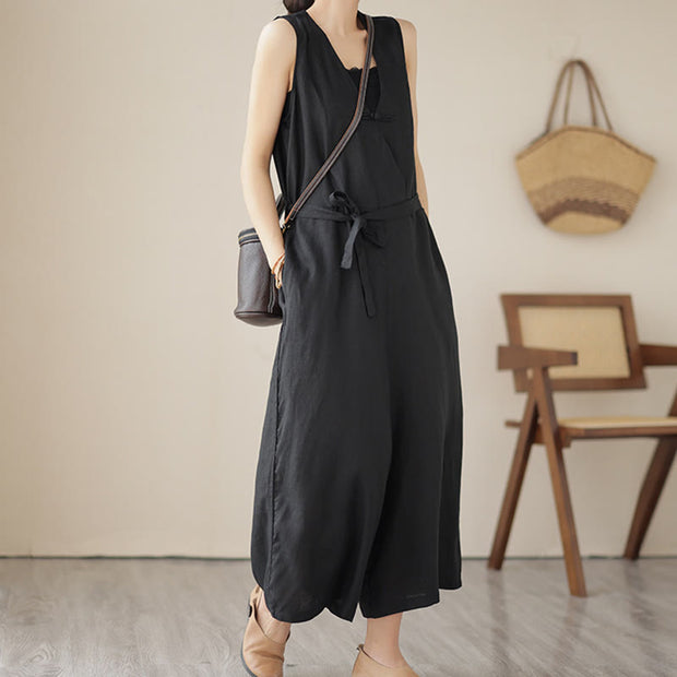 Buddha Stones Casual Lace-Up Simple Design Women's Cotton Linen Jumpsuit With Pockets