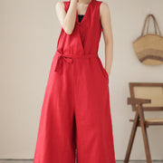 Buddha Stones Casual Lace-Up Simple Design Women's Cotton Linen Jumpsuit With Pockets
