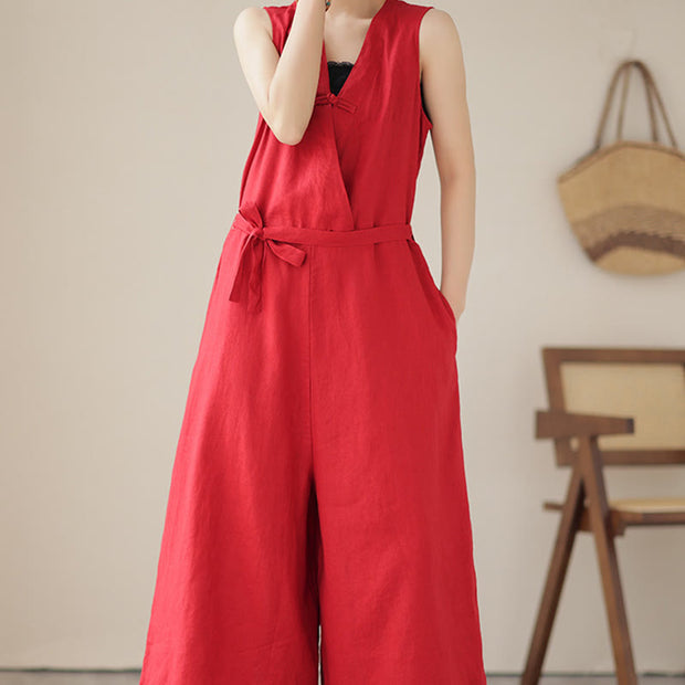 Buddha Stones Casual Lace-Up Simple Design Women's Cotton Linen Jumpsuit With Pockets