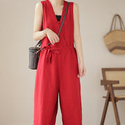 Buddha Stones Casual Lace-Up Simple Design Women's Cotton Linen Jumpsuit With Pockets