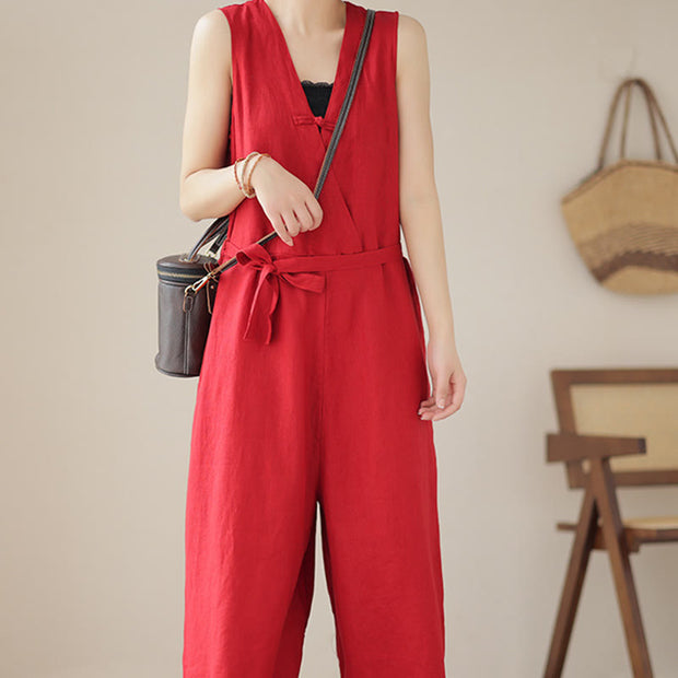 Buddha Stones Casual Lace-Up Simple Design Women's Cotton Linen Jumpsuit With Pockets