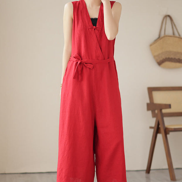 Buddha Stones Casual Lace-Up Simple Design Women's Cotton Linen Jumpsuit With Pockets