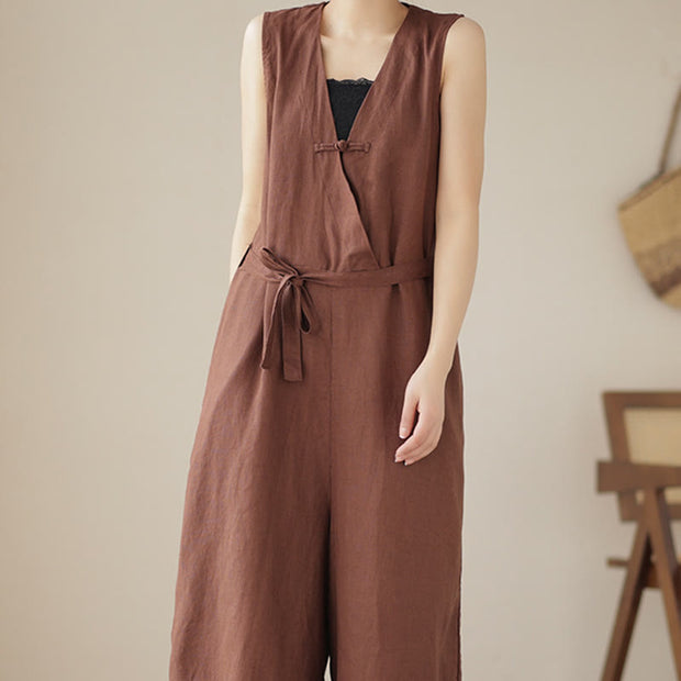 Buddha Stones Casual Lace-Up Simple Design Women's Cotton Linen Jumpsuit With Pockets