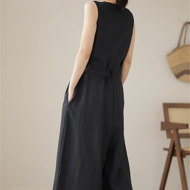 Buddha Stones Casual Lace-Up Simple Design Women's Cotton Linen Jumpsuit With Pockets