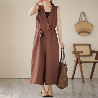 Buddha Stones Casual Lace-Up Simple Design Women's Cotton Linen Jumpsuit With Pockets