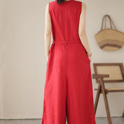 Buddha Stones Casual Lace-Up Simple Design Women's Cotton Linen Jumpsuit With Pockets