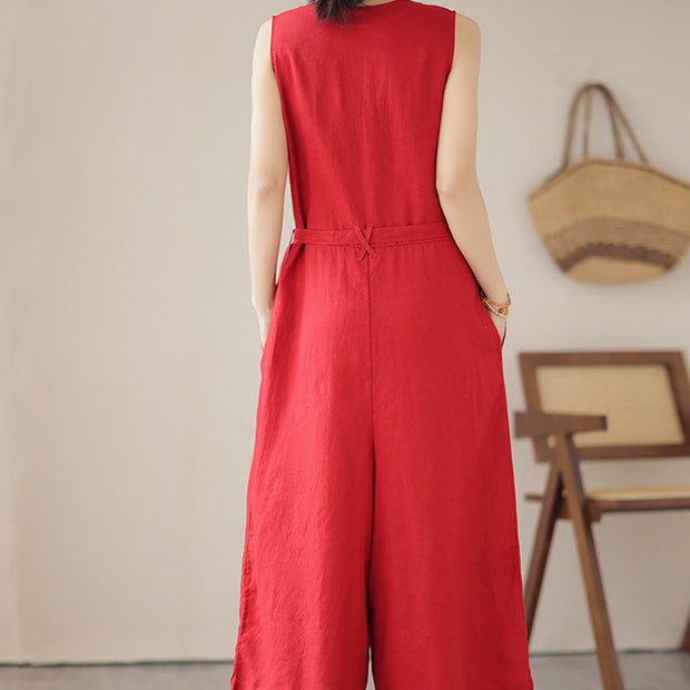 Buddha Stones Casual Lace-Up Simple Design Women's Cotton Linen Jumpsuit With Pockets
