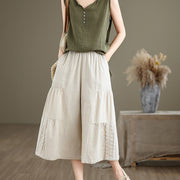 Buddha Stones Casual Plain Lace Splicing Cotton Linen Women's Cropped Wide Leg Pants With Pockets