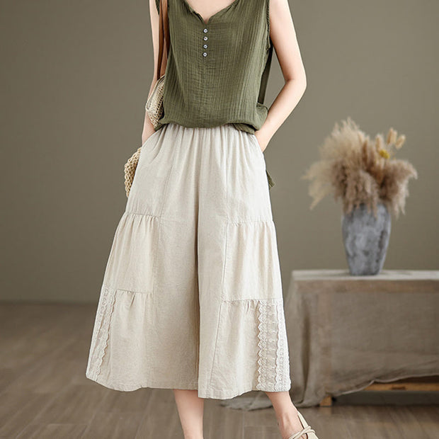 Buddha Stones Casual Plain Lace Splicing Cotton Linen Women's Cropped Wide Leg Pants With Pockets