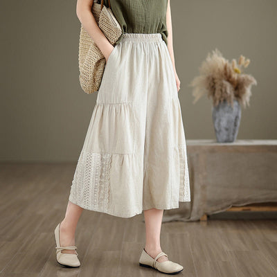 Buddha Stones Casual Plain Lace Splicing Cotton Linen Women's Cropped Wide Leg Pants With Pockets
