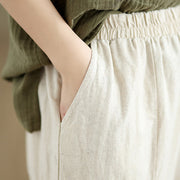 Buddha Stones Casual Plain Lace Splicing Cotton Linen Women's Cropped Wide Leg Pants With Pockets
