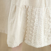 Buddha Stones Casual Plain Lace Splicing Cotton Linen Women's Cropped Wide Leg Pants With Pockets