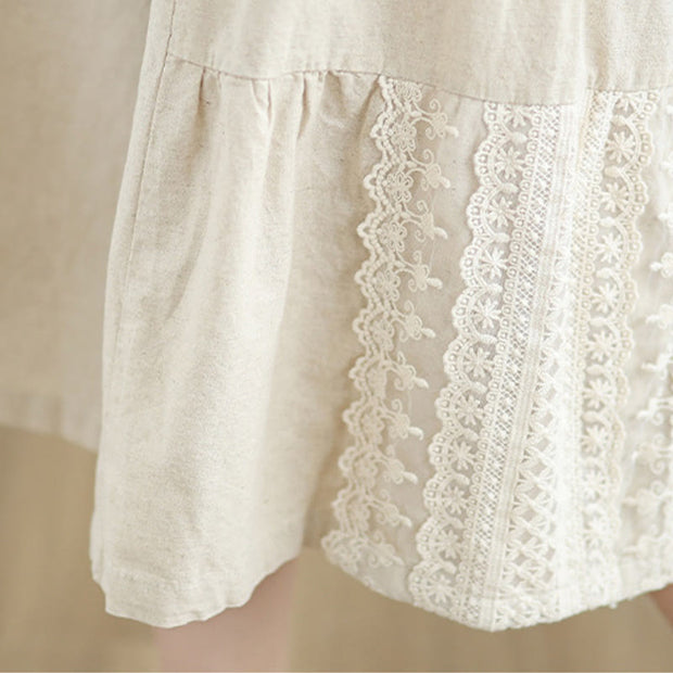 Buddha Stones Casual Plain Lace Splicing Cotton Linen Women's Cropped Wide Leg Pants With Pockets
