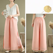 Buddha Stones Casual Vintage Side Slit Hem Design Cotton Linen Women's Wide Leg Pants With Pockets