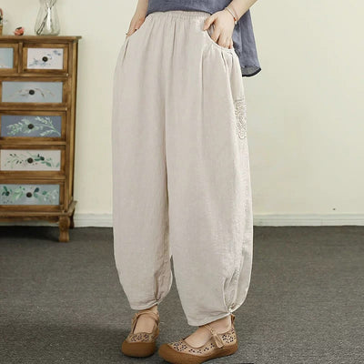 Buddha Stones Vintage Solid Color Embroidery Cotton Linen Women's 7-8 Length Harem Pants With Pockets