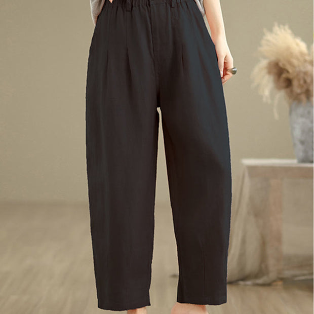 Buddha Stones Casual Summer Solid Color High Waist Women's Cotton Linen Harem Pants With Pockets