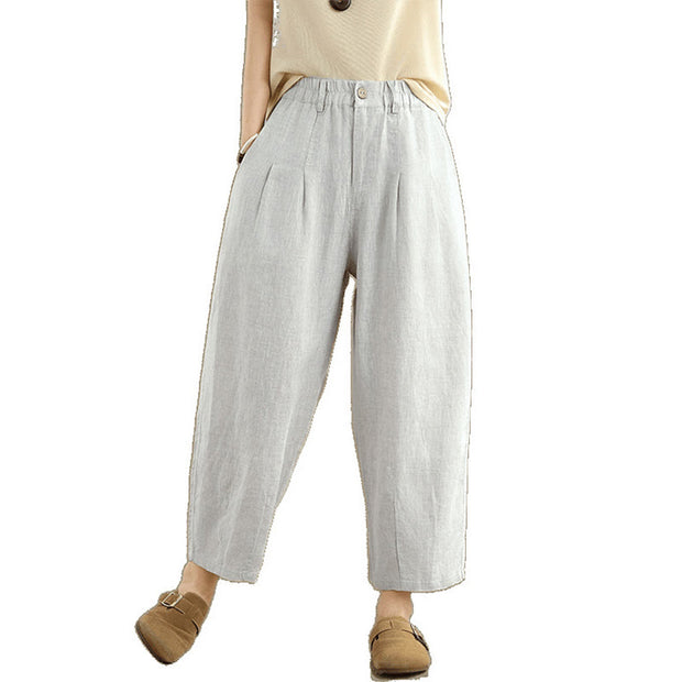 Buddha Stones Casual Summer Solid Color High Waist Women's Cotton Linen Harem Pants With Pockets