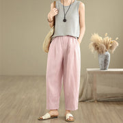 Buddha Stones Casual Summer Solid Color High Waist Women's Cotton Linen Harem Pants With Pockets