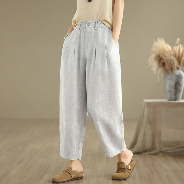 Buddha Stones Casual Summer Solid Color High Waist Women's Cotton Linen Harem Pants With Pockets