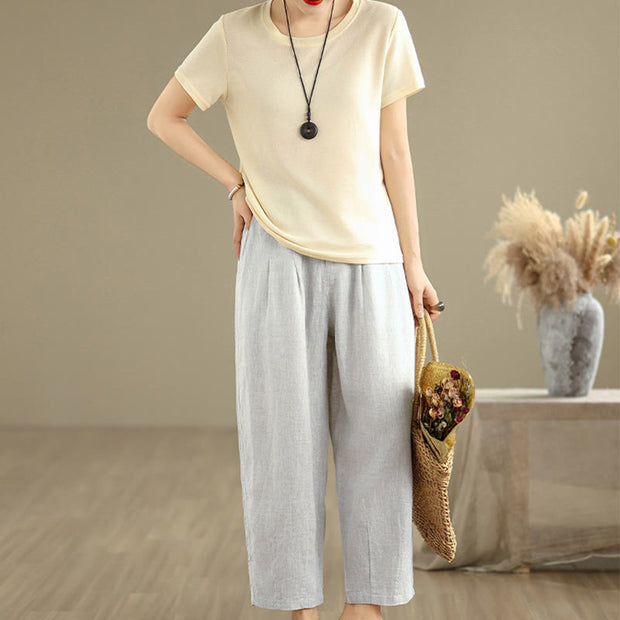 Buddha Stones Casual Summer Solid Color High Waist Women's Cotton Linen Harem Pants With Pockets