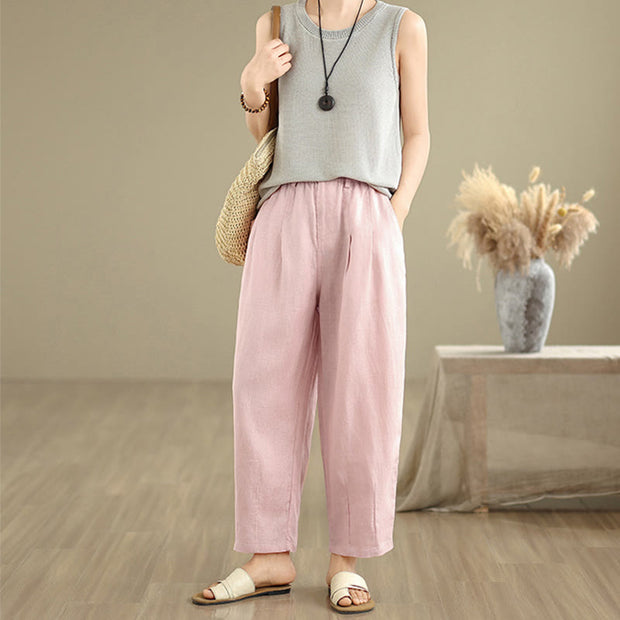 Buddha Stones Casual Summer Solid Color High Waist Women's Cotton Linen Harem Pants With Pockets