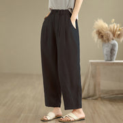 Buddha Stones Casual Summer Solid Color High Waist Women's Cotton Linen Harem Pants With Pockets