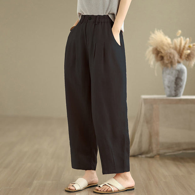 Buddha Stones Casual Summer Solid Color High Waist Women's Cotton Linen Harem Pants With Pockets