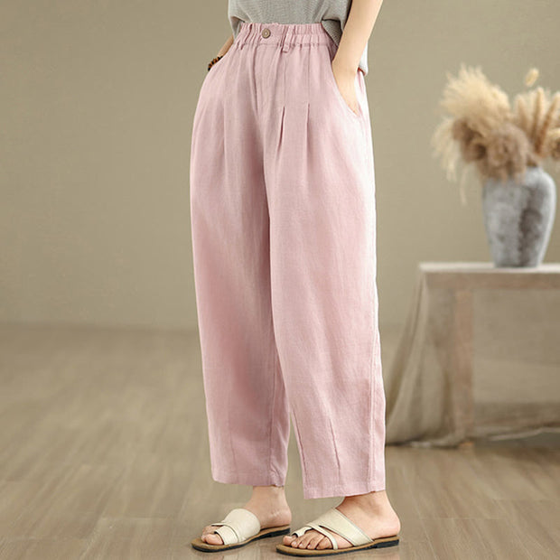 Buddha Stones Casual Summer Solid Color High Waist Women's Cotton Linen Harem Pants With Pockets