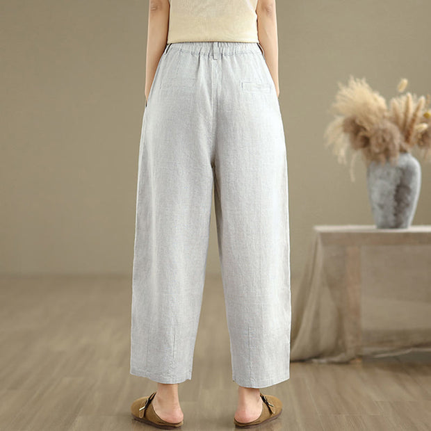 Buddha Stones Casual Summer Solid Color High Waist Women's Cotton Linen Harem Pants With Pockets