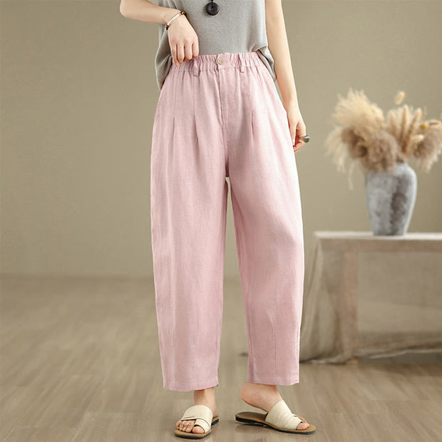 Buddha Stones Casual Summer Solid Color High Waist Women's Cotton Linen Harem Pants With Pockets
