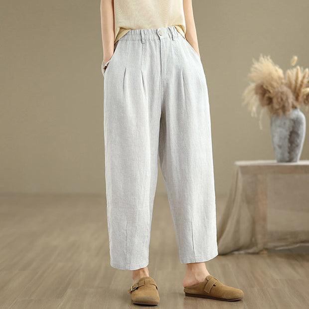 Buddha Stones Casual Summer Solid Color High Waist Women's Cotton Linen Harem Pants With Pockets