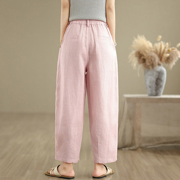 Buddha Stones Casual Summer Solid Color High Waist Women's Cotton Linen Harem Pants With Pockets