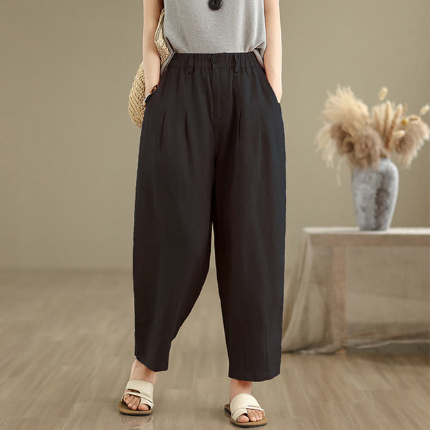 Buddha Stones Casual Summer Solid Color High Waist Women's Cotton Linen Harem Pants With Pockets