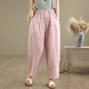 Buddha Stones Casual Summer Solid Color High Waist Women's Cotton Linen Harem Pants With Pockets