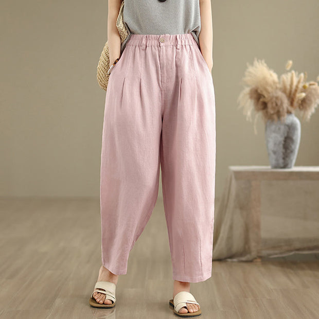 Buddha Stones Casual Summer Solid Color High Waist Women's Cotton Linen Harem Pants With Pockets