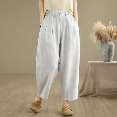 Buddha Stones Casual Summer Solid Color High Waist Women's Cotton Linen Harem Pants With Pockets