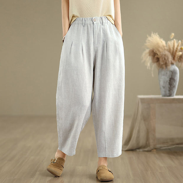 Buddha Stones Casual Summer Solid Color High Waist Women's Cotton Linen Harem Pants With Pockets